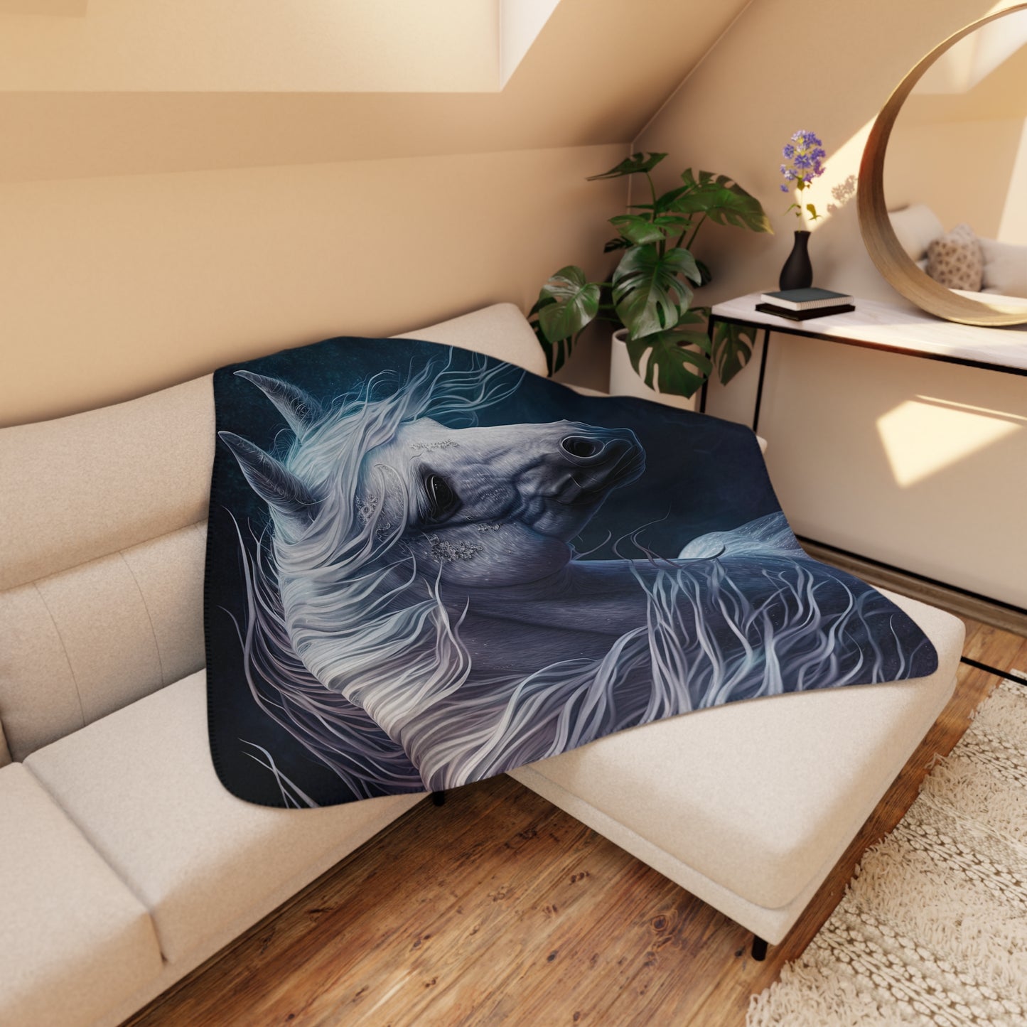 Mystic White Horse Sherpa Blanket — Cozy Tan Plush Throw for Horse Lovers